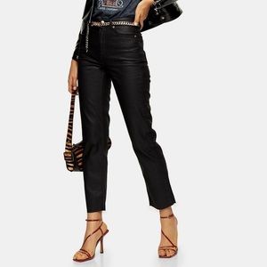 TOPSHOP BLACK COATED RAW HEM STRAIGHT LEG JEAN